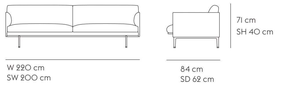 아웃라인 소파 3 Seater Refine Leather Cognac/ Polished base 사이즈 가이드 이미지 1